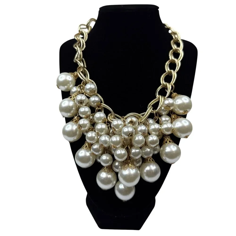 Chunky Gold Tone Chain Faux Pearl Bib Statement Necklace Fashion Jewelry 17